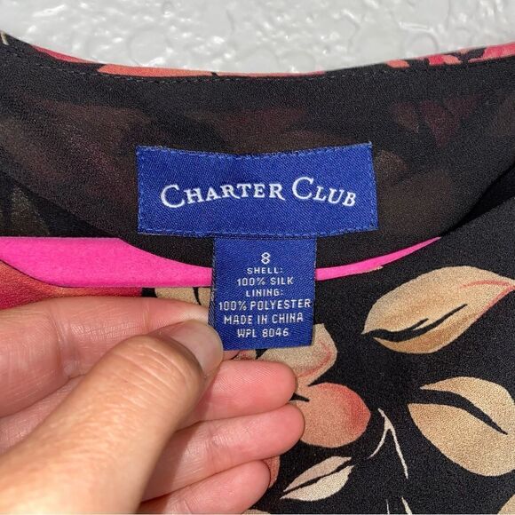 Charter Club Silk Floral Print Round Neck Sleeveless Maxi Dress Black Size 8 - Picture 5 of 9